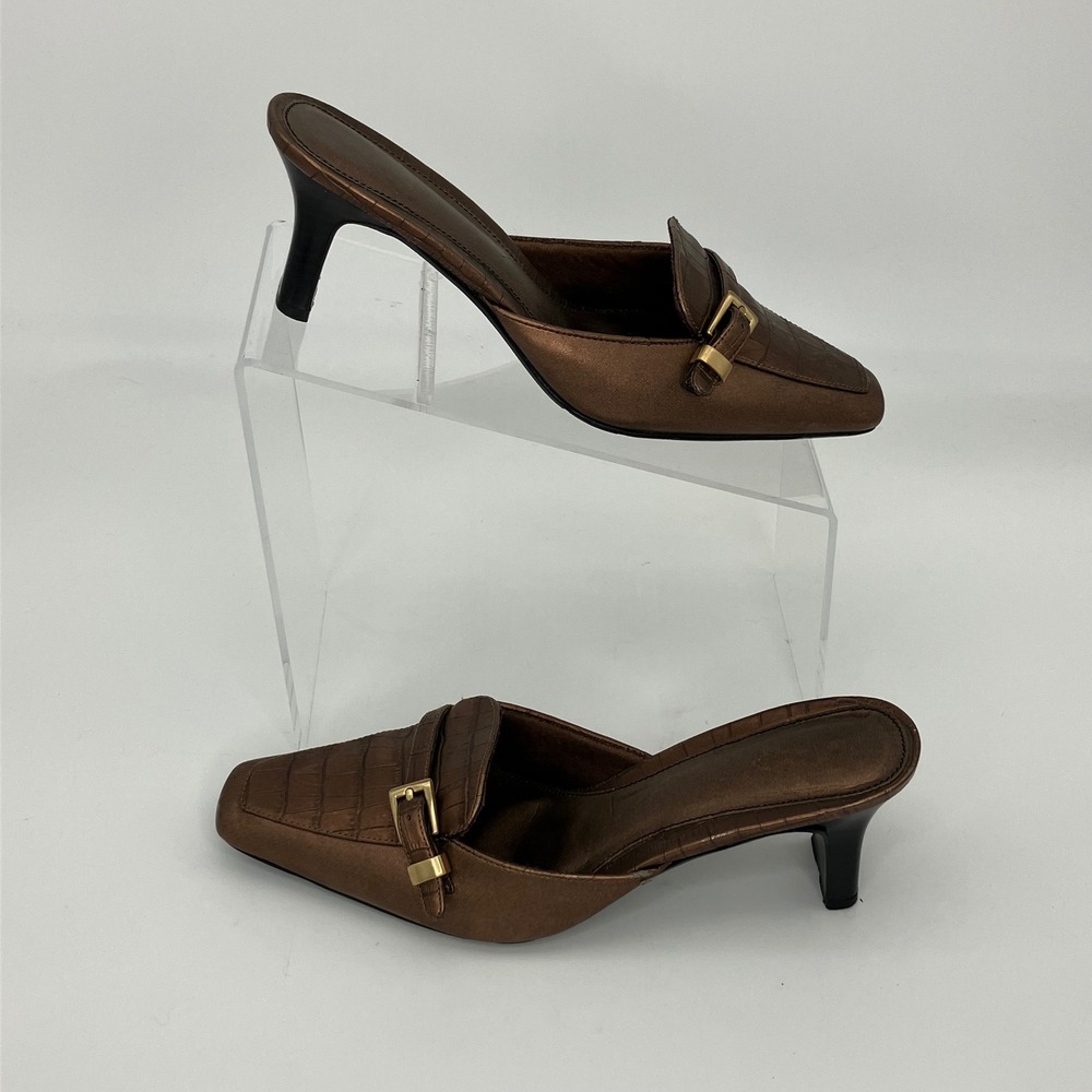LifeStride Mules Womens 6.5M Bronze Croc Embossed Buckle Kitten Heel Square Toe
